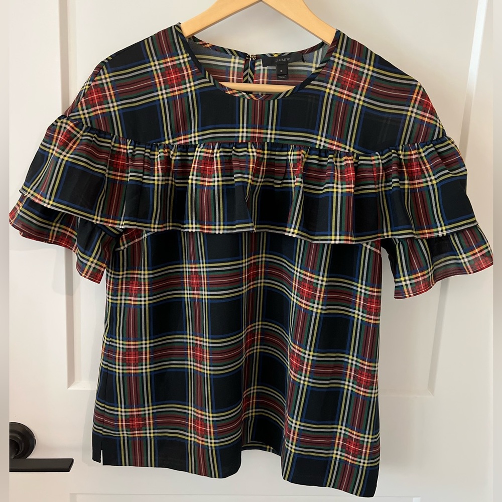 J. Crew Edie Stewart Plaid Ruffle Short Sleeve Top, Size 6